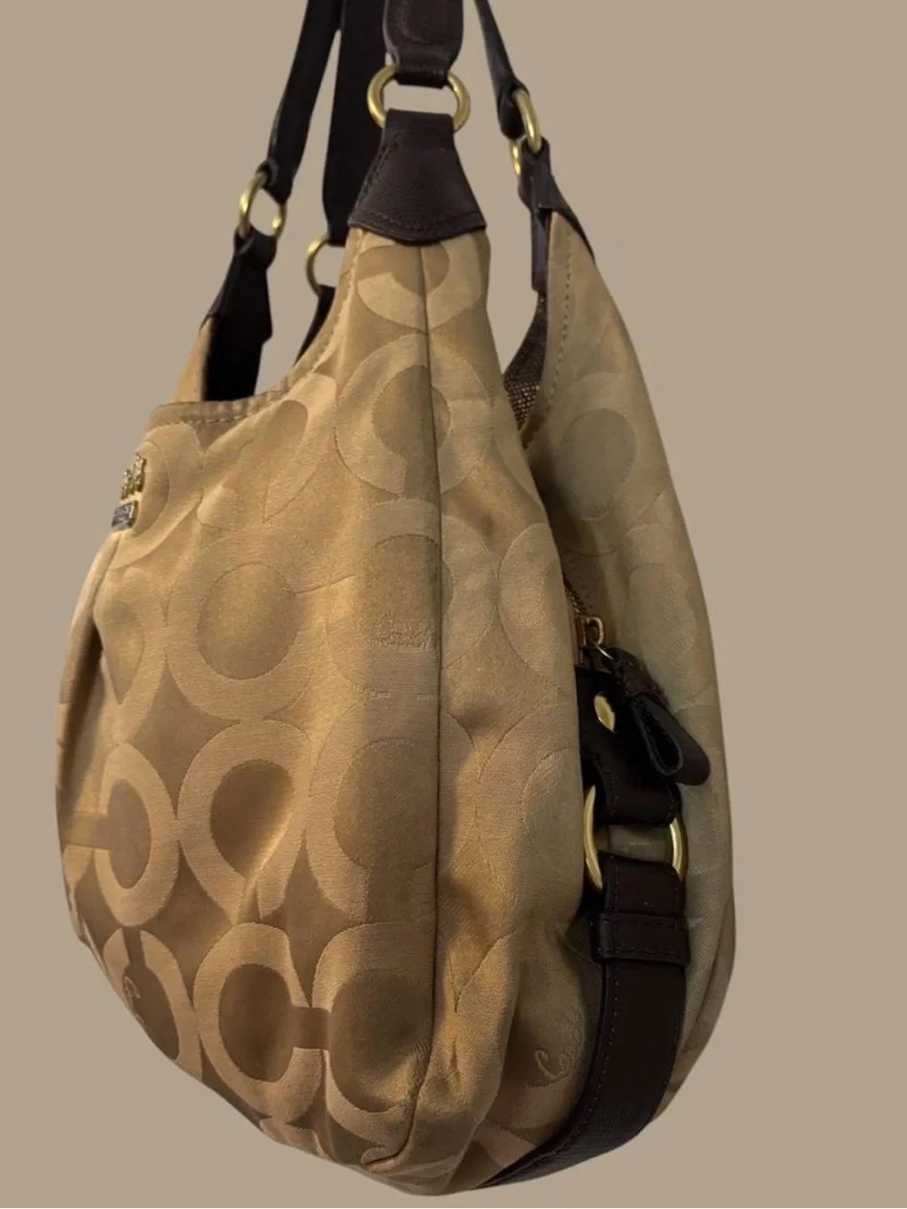 Coach Beige Signature Jacquard Shoulder Bag with Dark Brown Trim